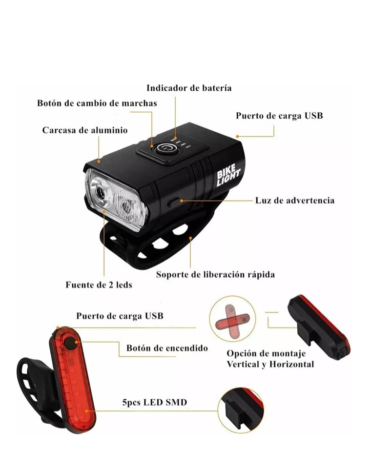 Luz Bicicleta Usb Recargable Delantera Y Traser Ipx6